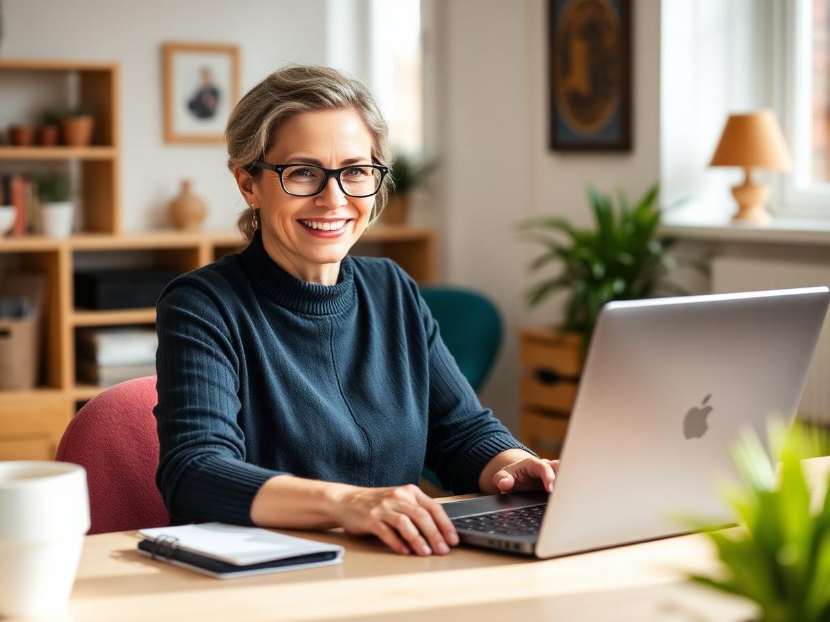 A TEFL teacher smiling during an online English lesson